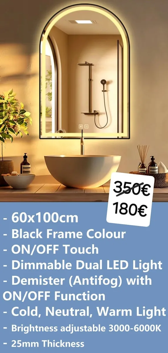 LED Bathroom Mirror 60x100cm Black Frame Antifog - Image 2