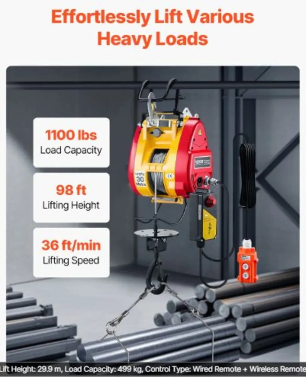 2-in-1 Electric Hoist Winch, 1100 lbs Capacity, - Image 3