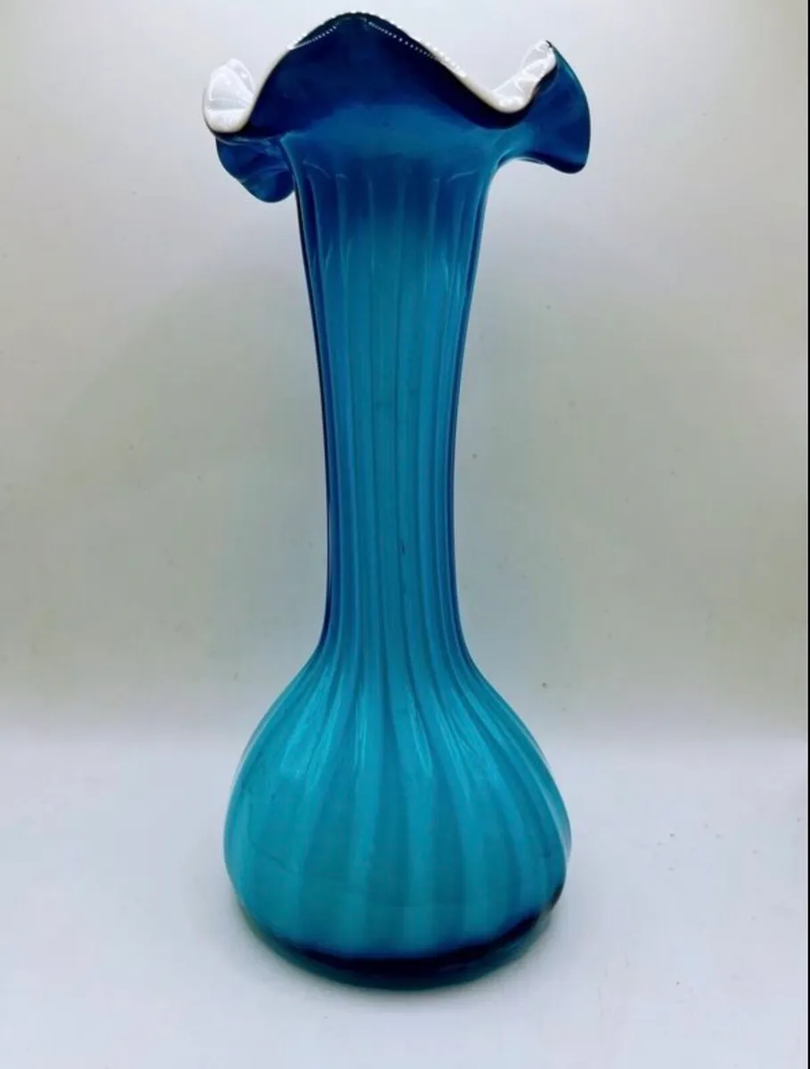 Vintage 1970s art glass marine blue ribbon vase - Image 1