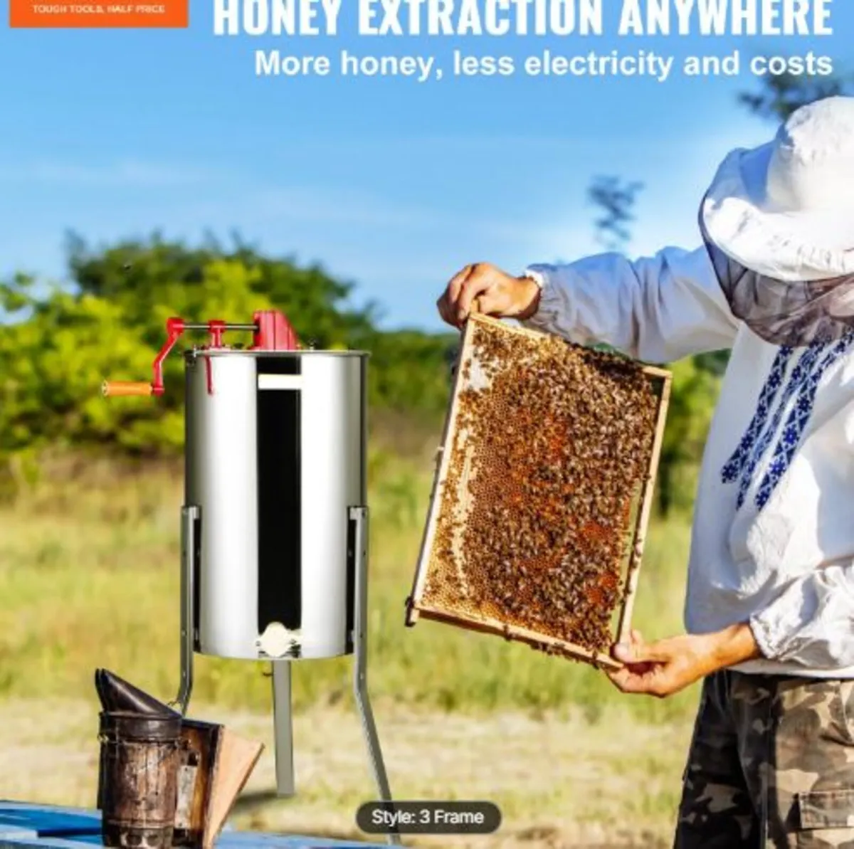 Manual Honey Extractor, 3 Frames Honey Spinner - Image 3