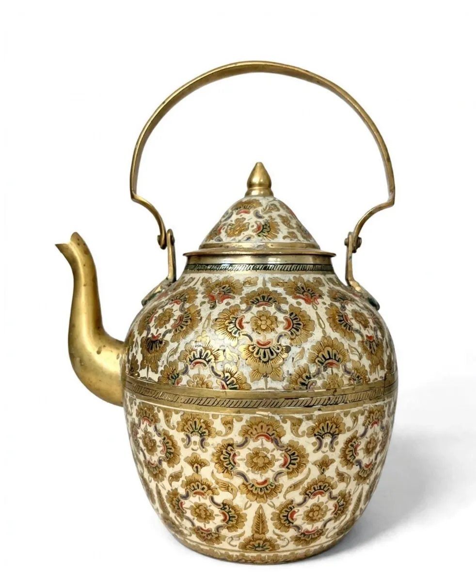 Vintage enamel brass tea pot - Image 1