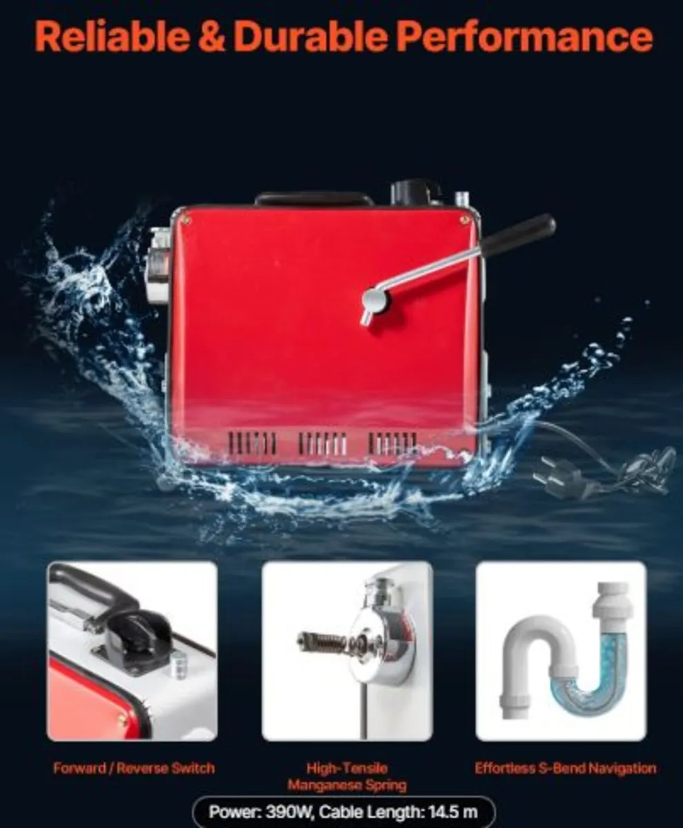 Drain Cleaner Machine, 390W 1400RPM Electric Pipe - Image 2