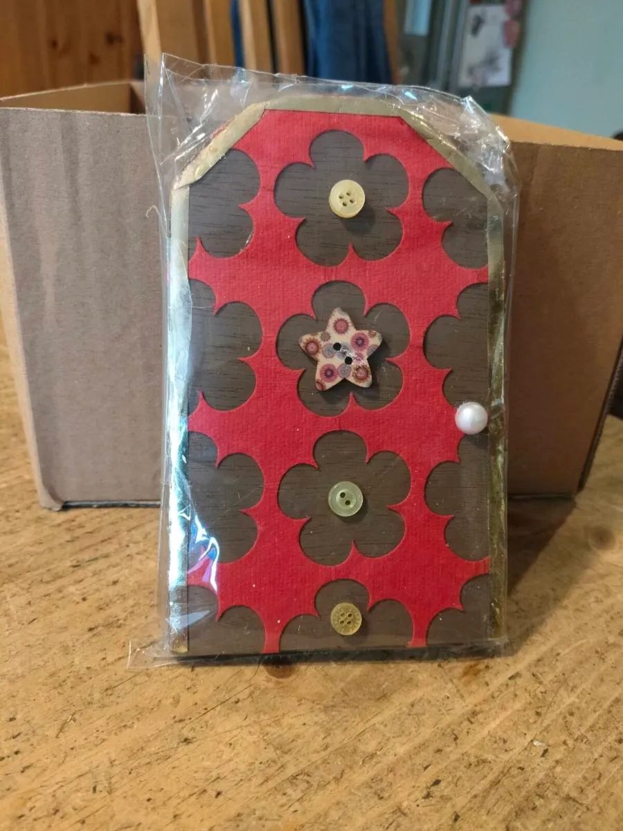 handcrafted wooden Fairy door with red cardstock, - Image 1