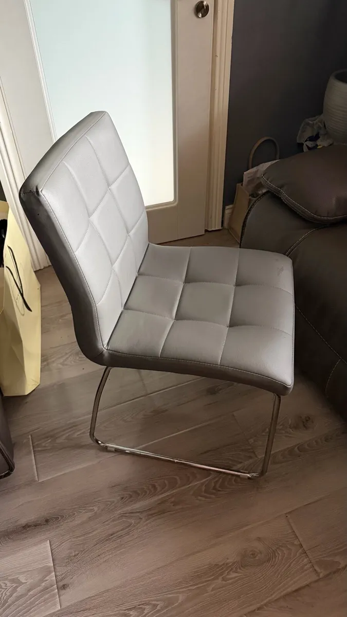 White Round Dining Table & 4 Grey Chairs - Image 1