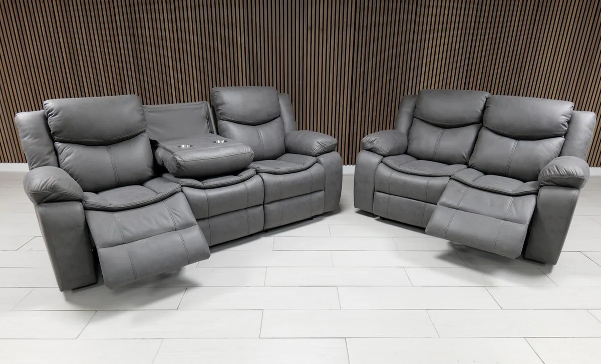 Valerie 3+2 Grey Suede Leather Recliner Sofa Set - Image 1