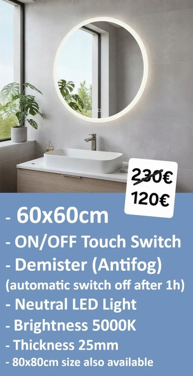 LED Bathroom Mirror 60cm Antifog Touch Neutral - Image 1
