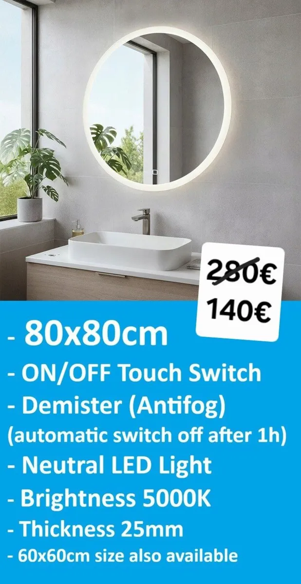 LED Bathroom Mirror Round 80cm Defogger Touch - Image 1