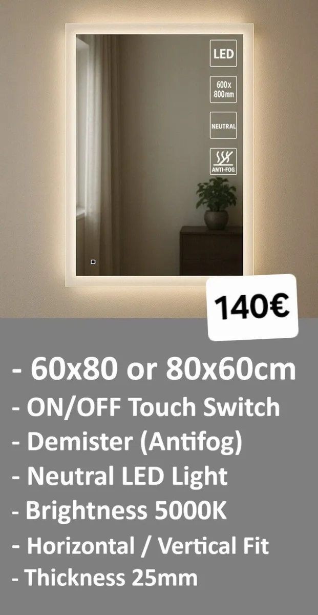 LED Bathroom Mirror 60x80cm 80x60cm Antifog Touch - Image 1