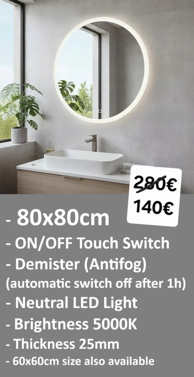 LED Bathroom Mirror Round Fog Free 80cm Vanity - Image 2