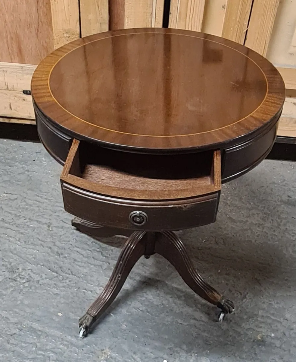 Classic Vintage Round Drum Table with Drawer and C - Image 1
