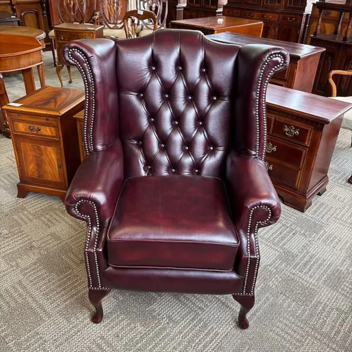 Queen Anne high back Chesterfield arm chair uphols