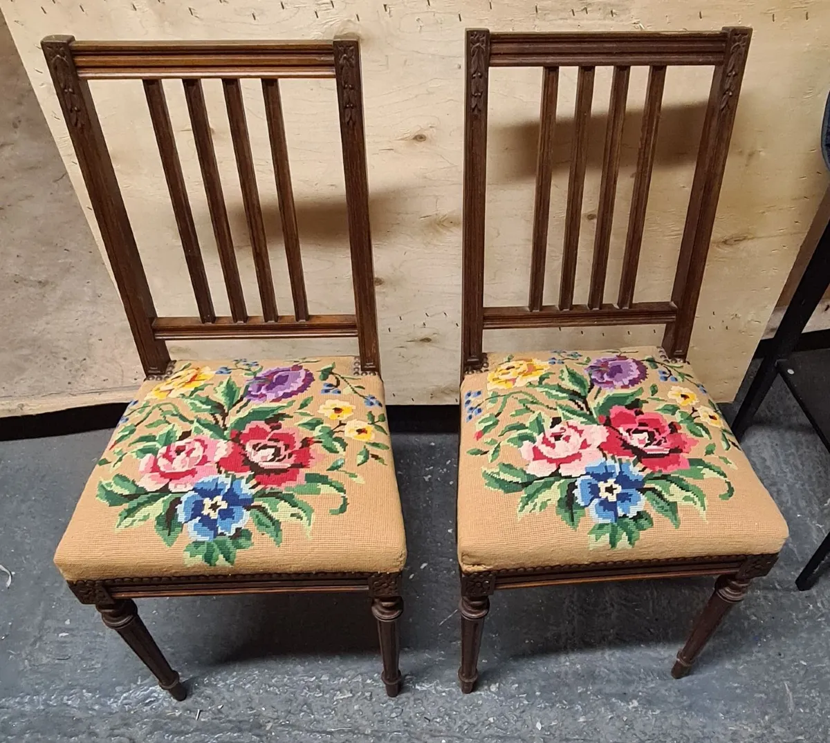 Pair of Vintage Wooden Dining Chairs with Tapestry - Image 2