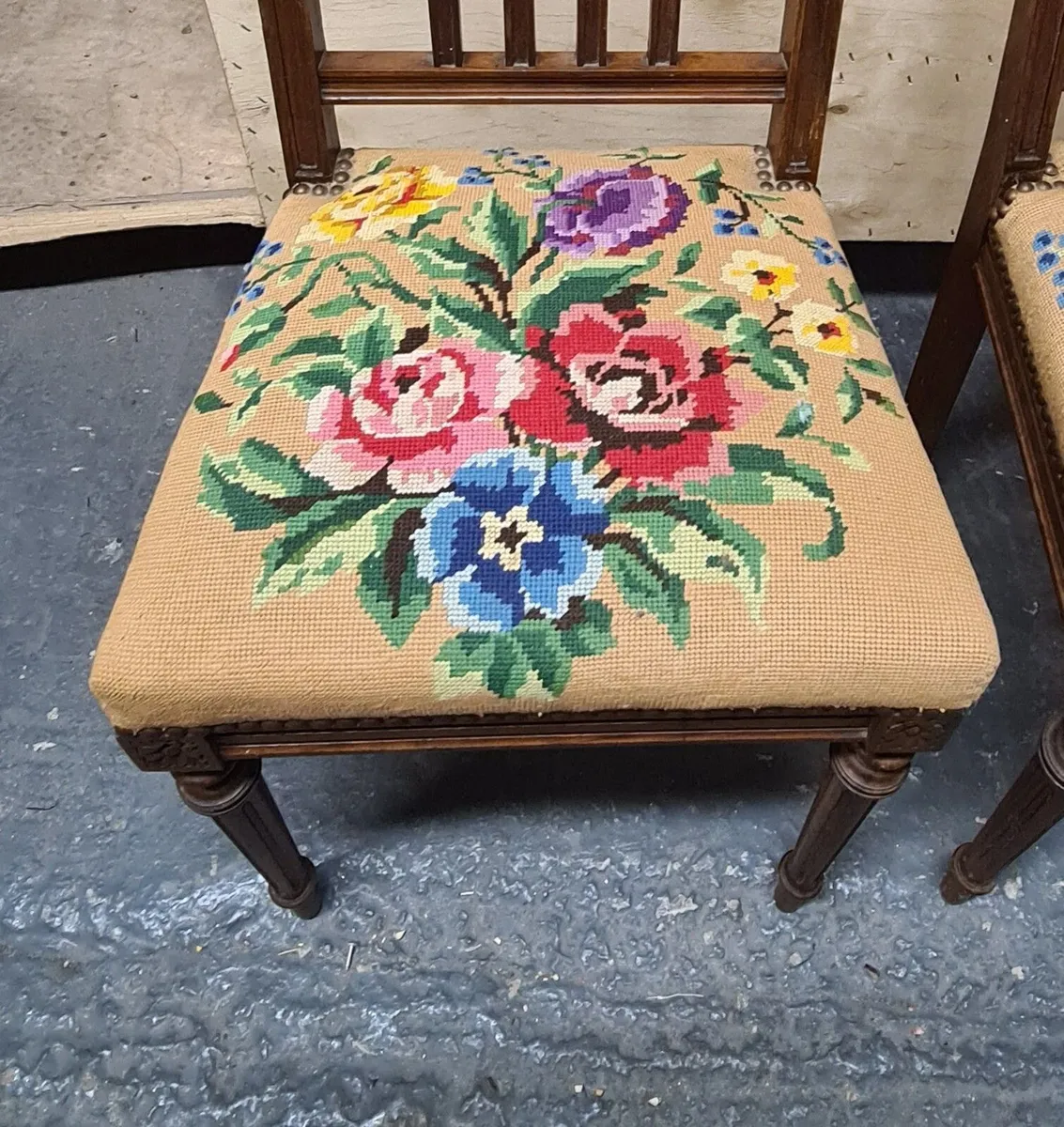 Pair of Vintage Wooden Dining Chairs with Tapestry - Image 3