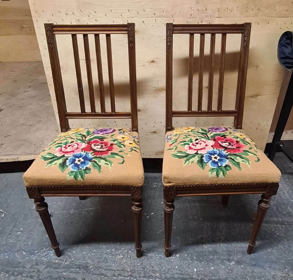 Pair of Vintage Wooden Dining Chairs with Tapestry - Image 1