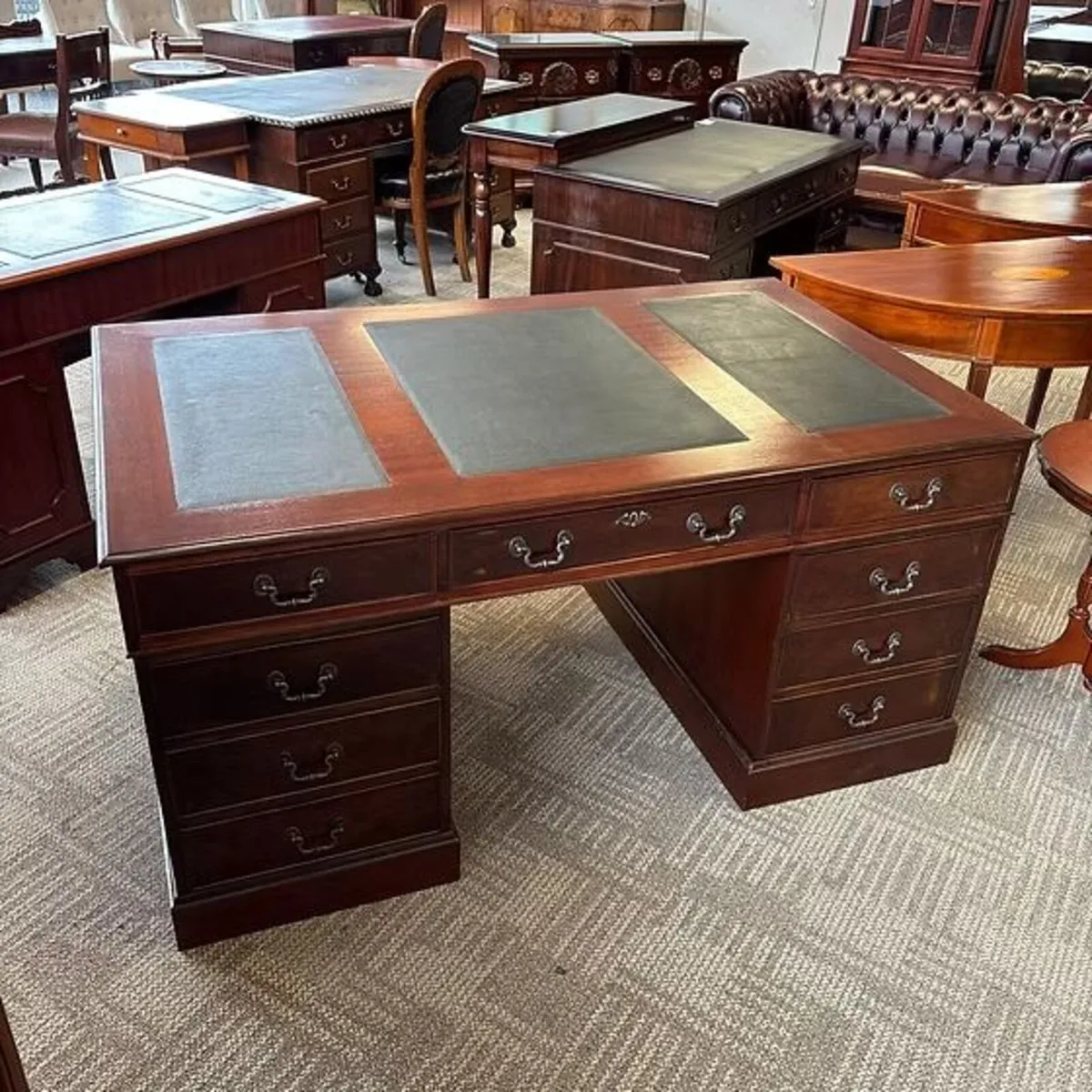 Mahogany deep green leather top desk