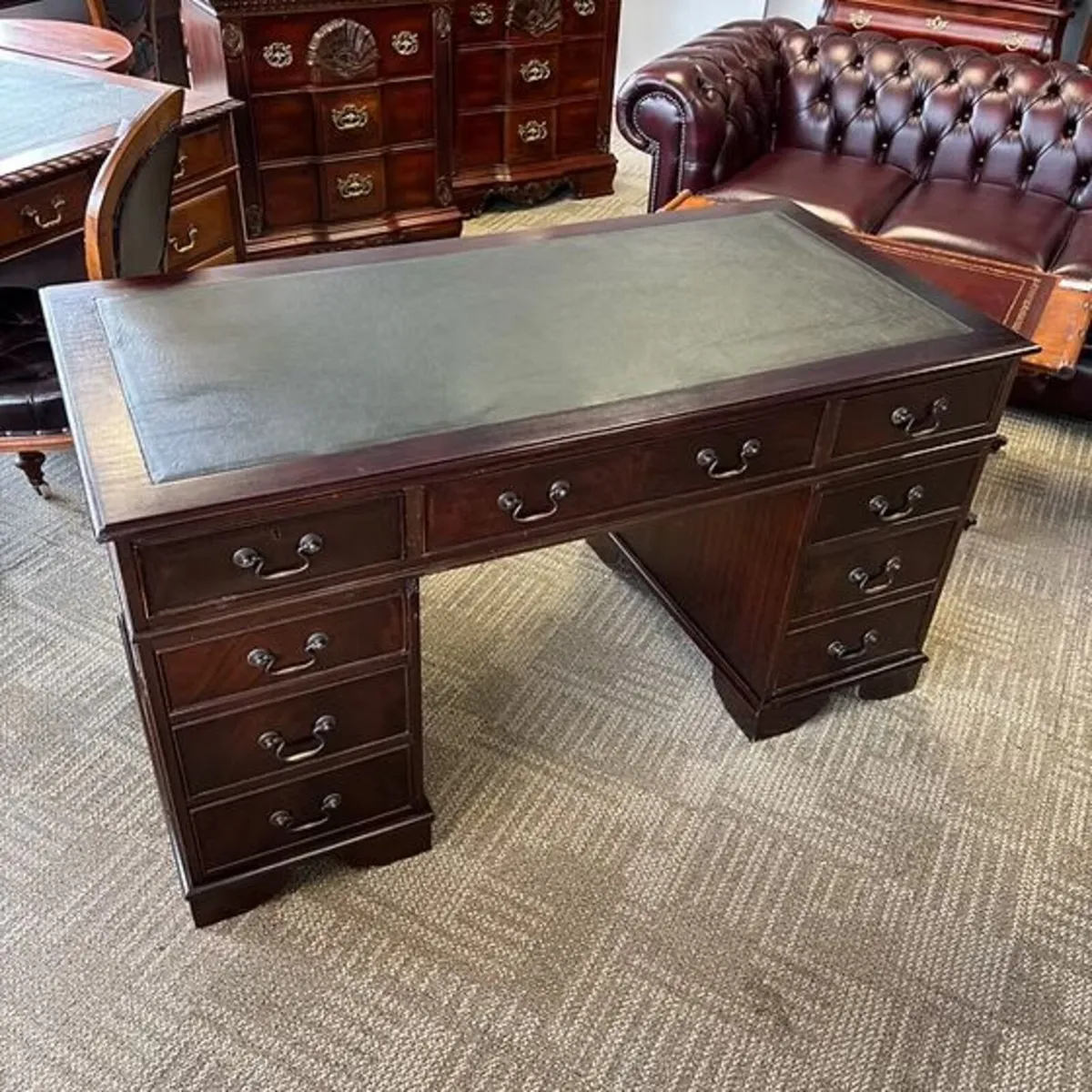 Mahogany deep green leather top desk