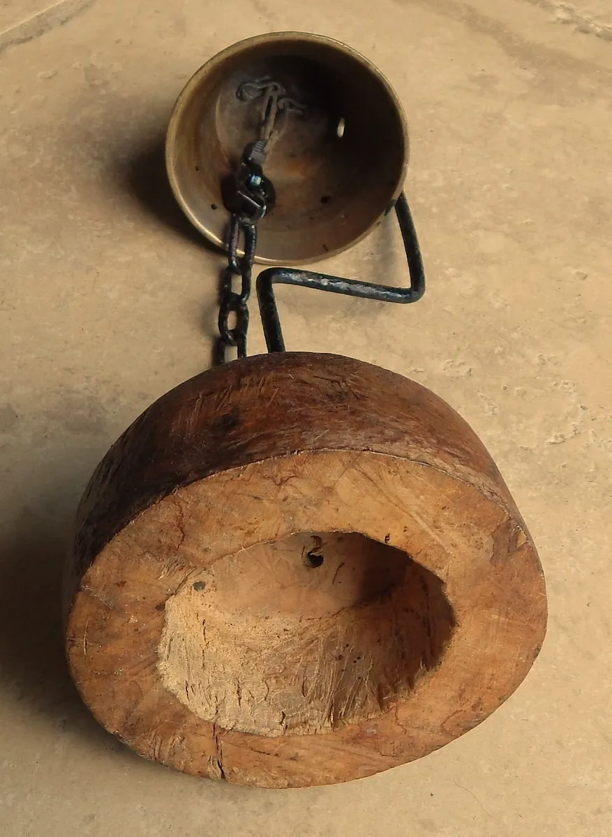Vintage Small Brass Bell on Wood Base - Image 3