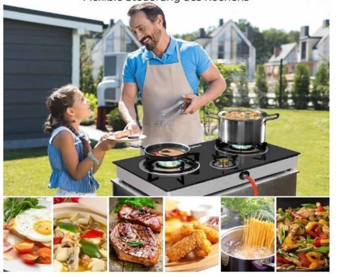 2-Burner Indoor Gas Stove with Black Glass Hob - Image 4