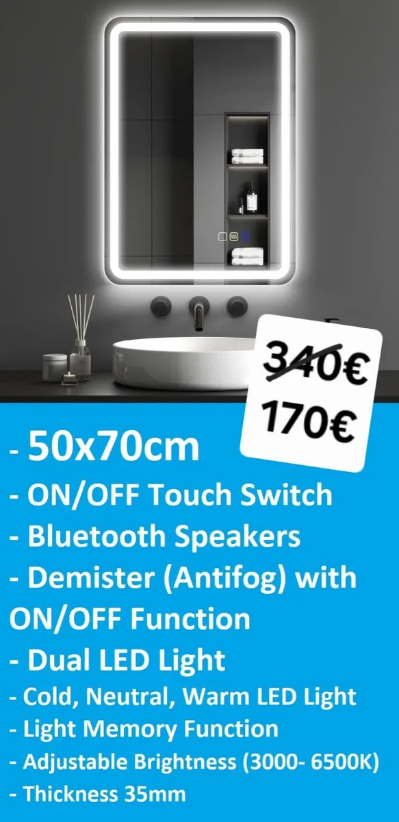 LED Bathroom Mirror 50x70cm Speakers Antifog - Image 1