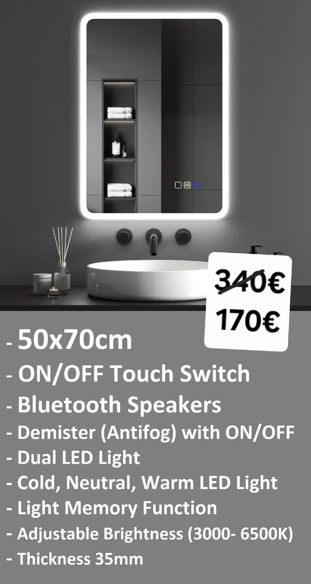 LED Bathroom Mirror 50x70cm Fog Free Bluetooth - Image 1