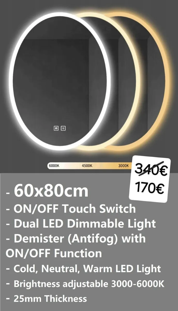 LED Bathroom Mirror Oval Shape 60x80cm Demister - Image 1