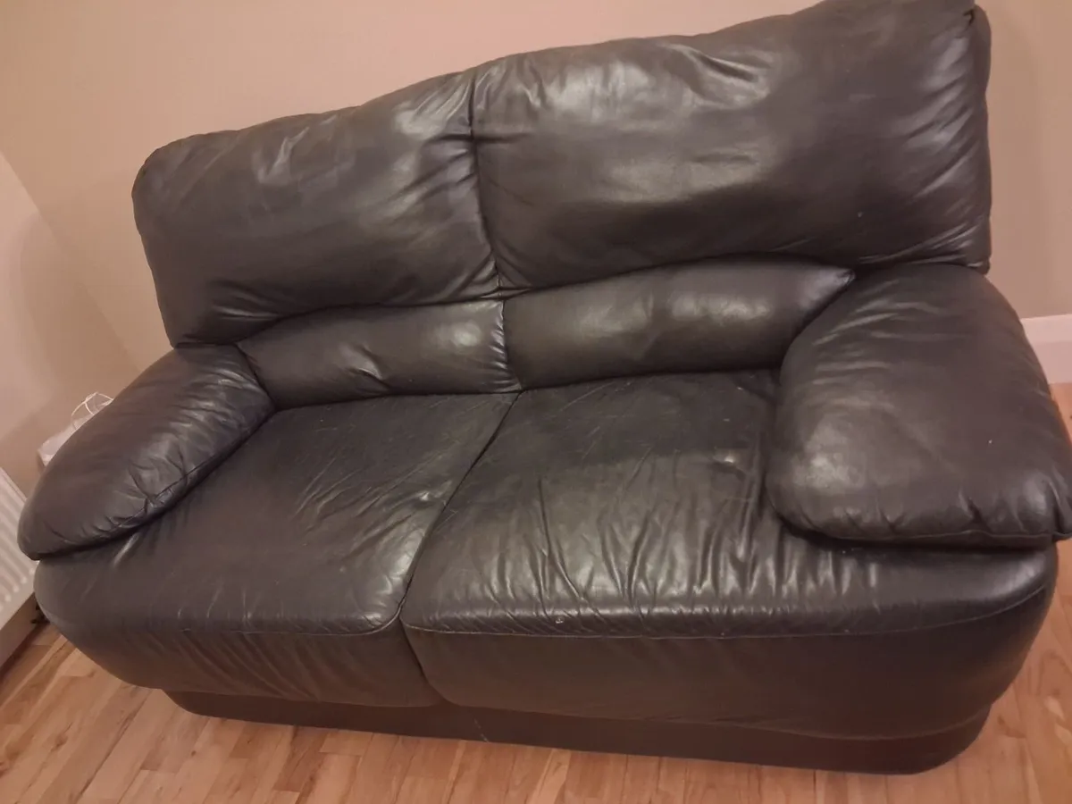 2 x Two seater Black leather sofa - Image 1