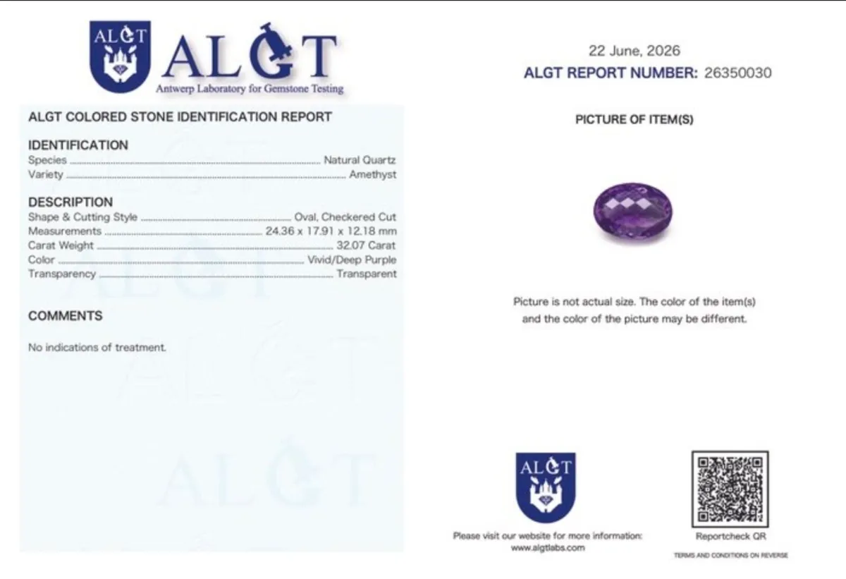 Natural Amethyst 32.07ct with ALGT Report - Image 2
