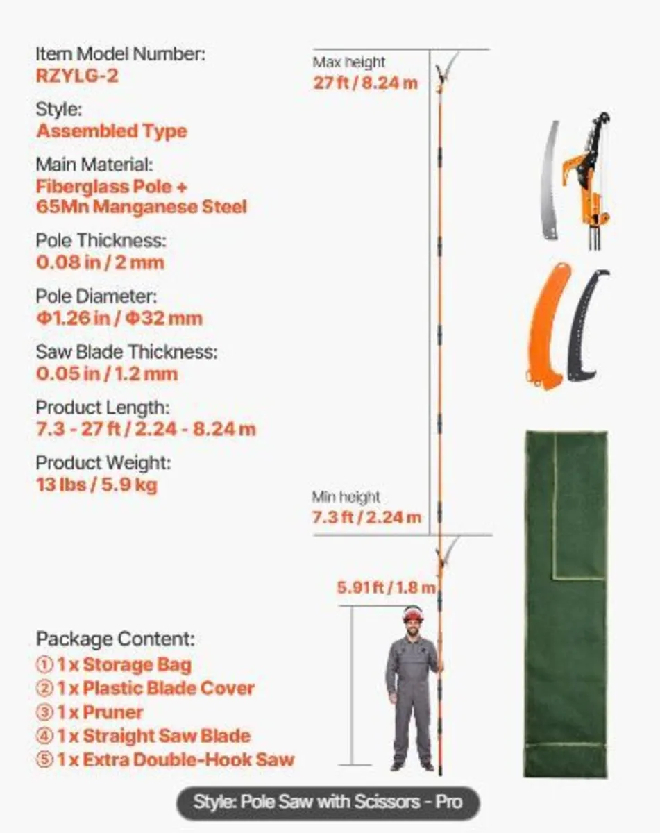 Manual Pole Saw, 2.2-8.2 m Extendable Tree Pruner - Image 3