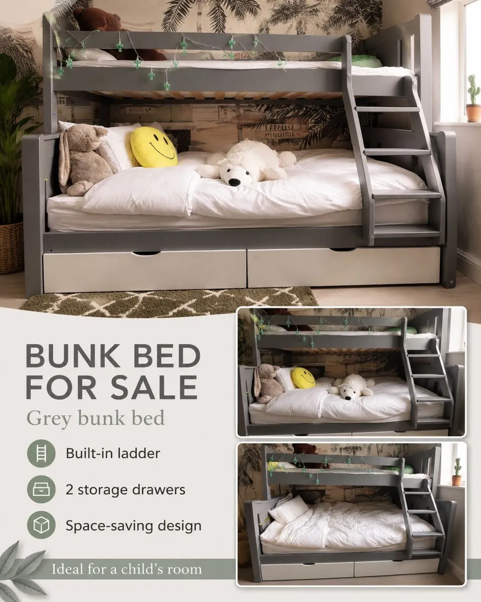 Grey Triple Sleeper Bunk Bed + 2 Mattresses - Image 1