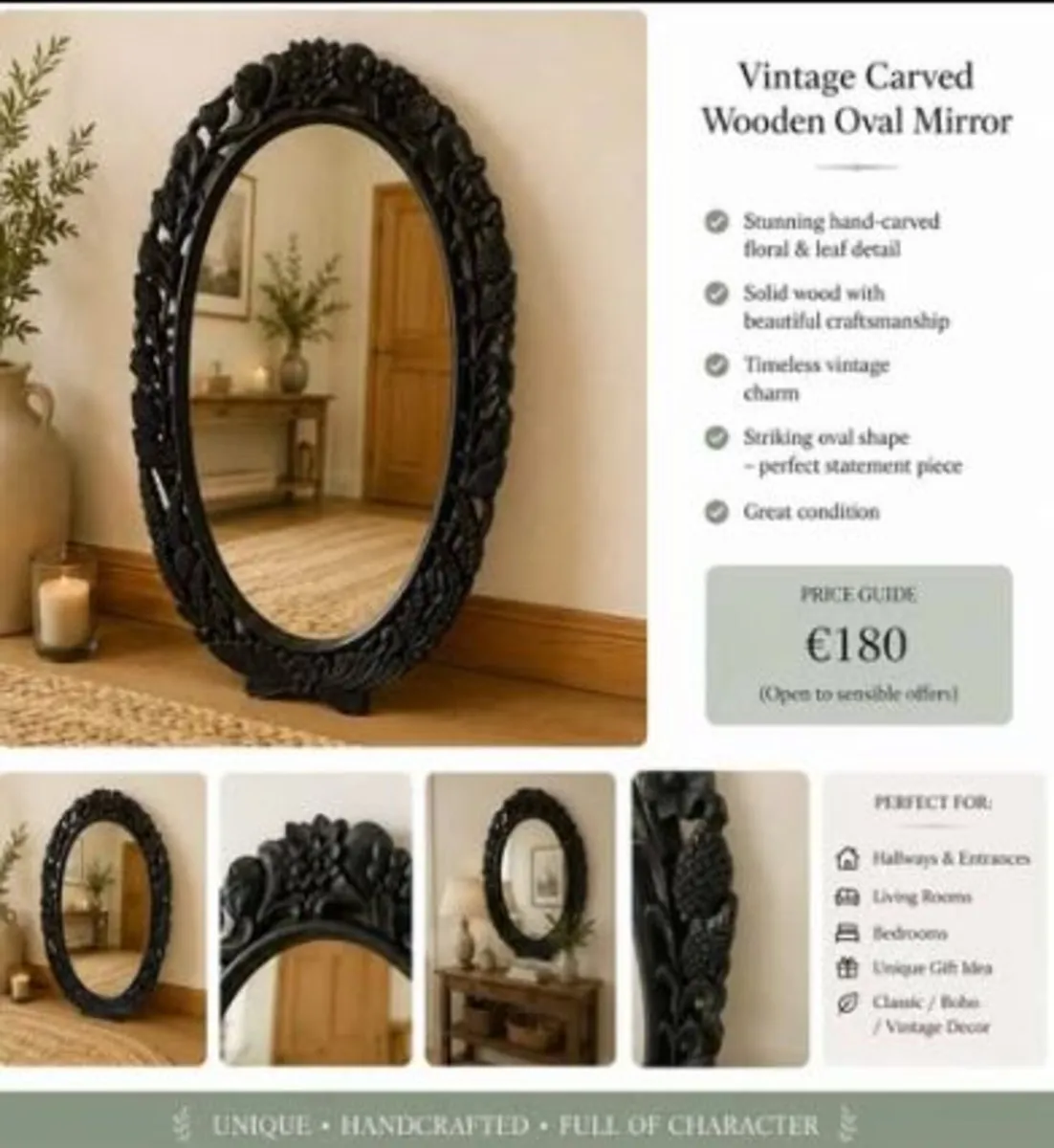 Vintage carved wooden oval mirror - Image 1