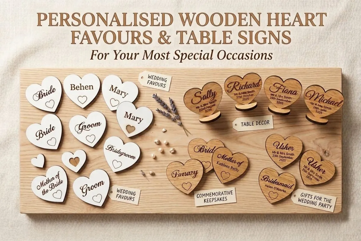 Wedding Table Place Names - Wooden Hearts - Image 1