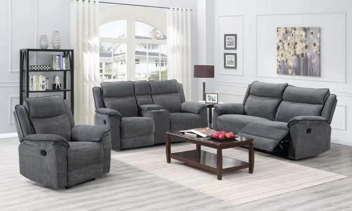Darcy Grey 3+2 or 3+1+1 Fabric Recliner Sofa Set - Image 1