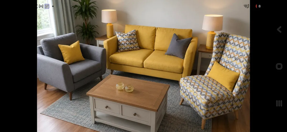 Mustard and grey sofa set - lamps included - Image 1
