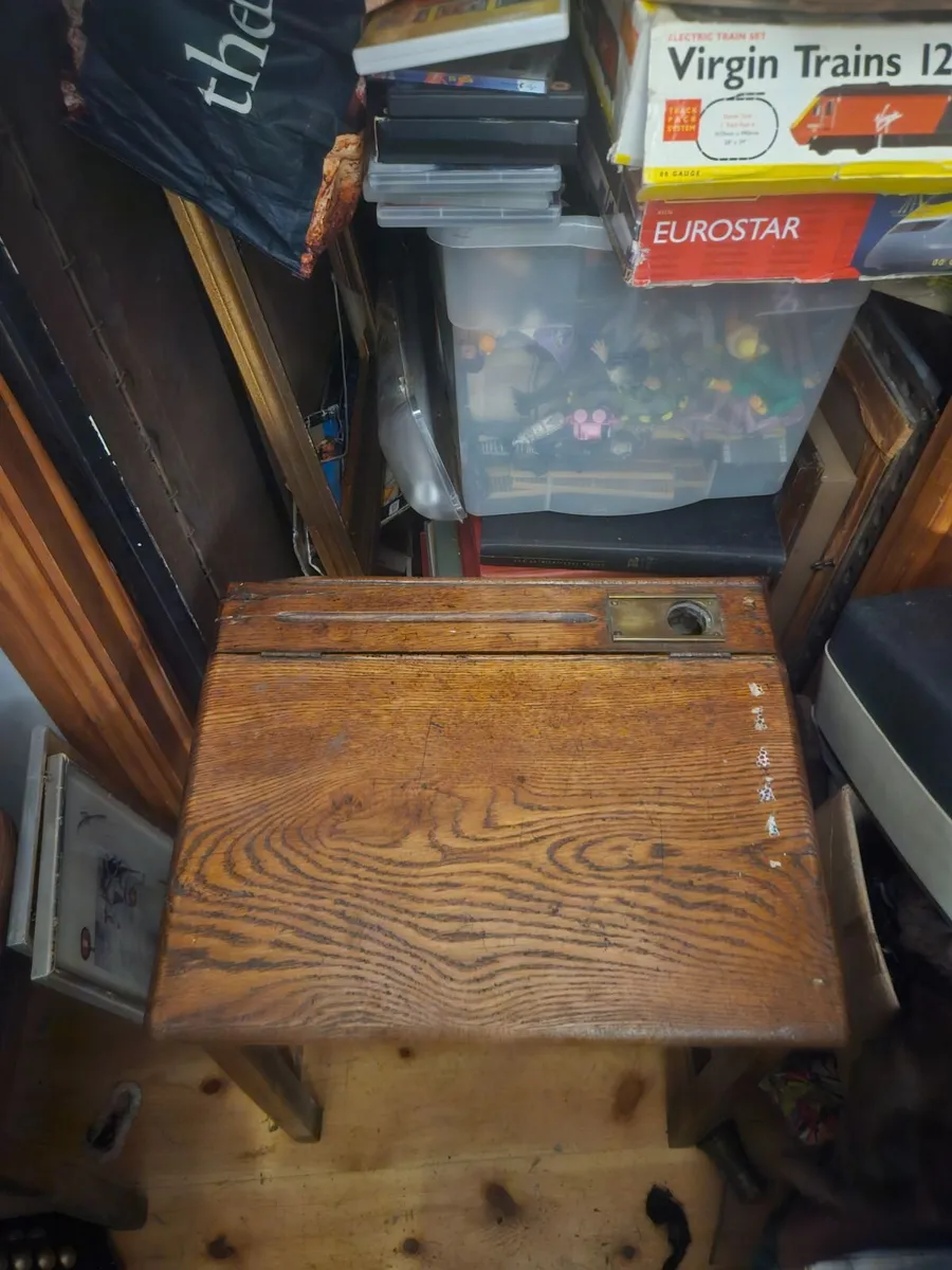 Vintage Oak School Desk with Brass Inkwell Cover - Image 1