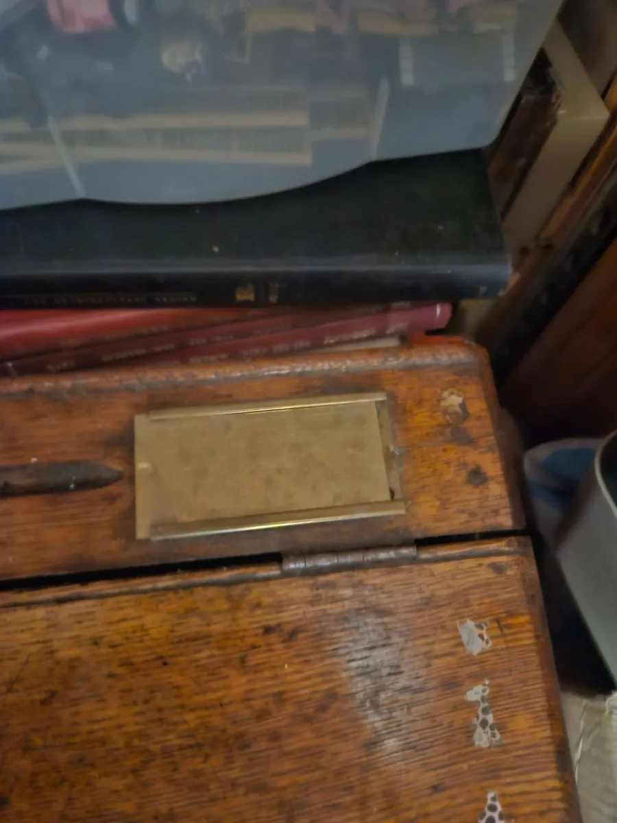 Vintage Oak School Desk with Brass Inkwell Cover - Image 4
