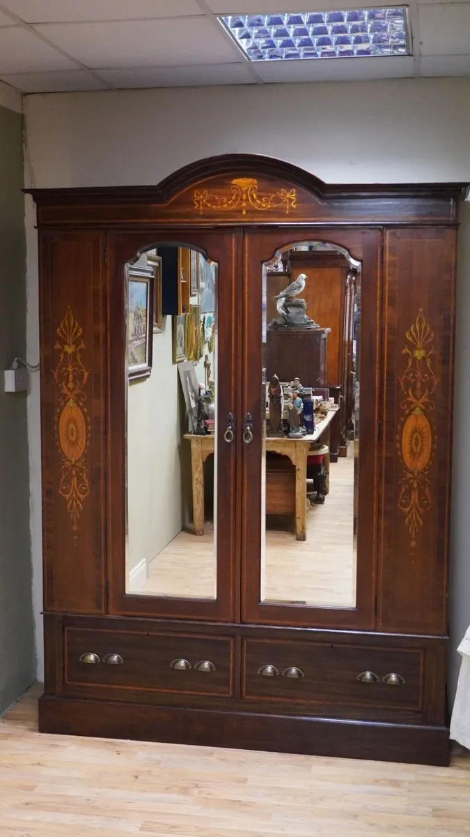 Edwardian Inlaid Mahogany Double Wardrobe - Image 2