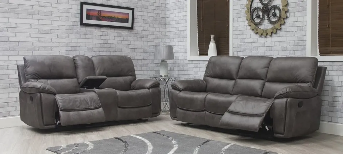 Oxford Brown & Grey Suede Leather Recliner Sofa - Image 1