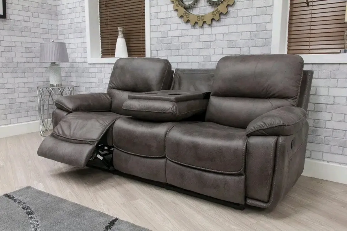 Oxford Brown & Grey Suede Leather Recliner Sofa - Image 3