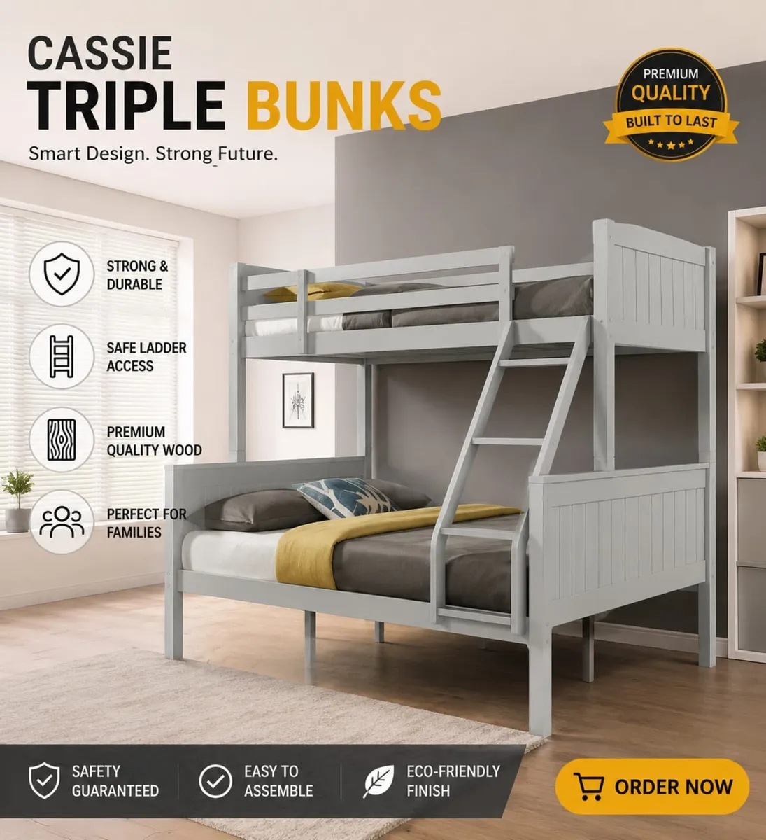 🛏️ Double & Single Bunk Bed – Grey or White– Soli - Image 1