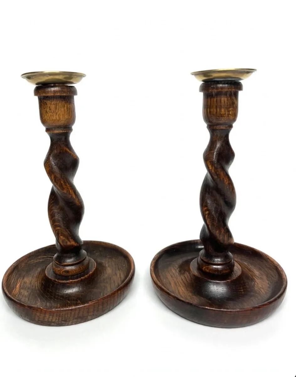 Antique oak barley twist candlesticks