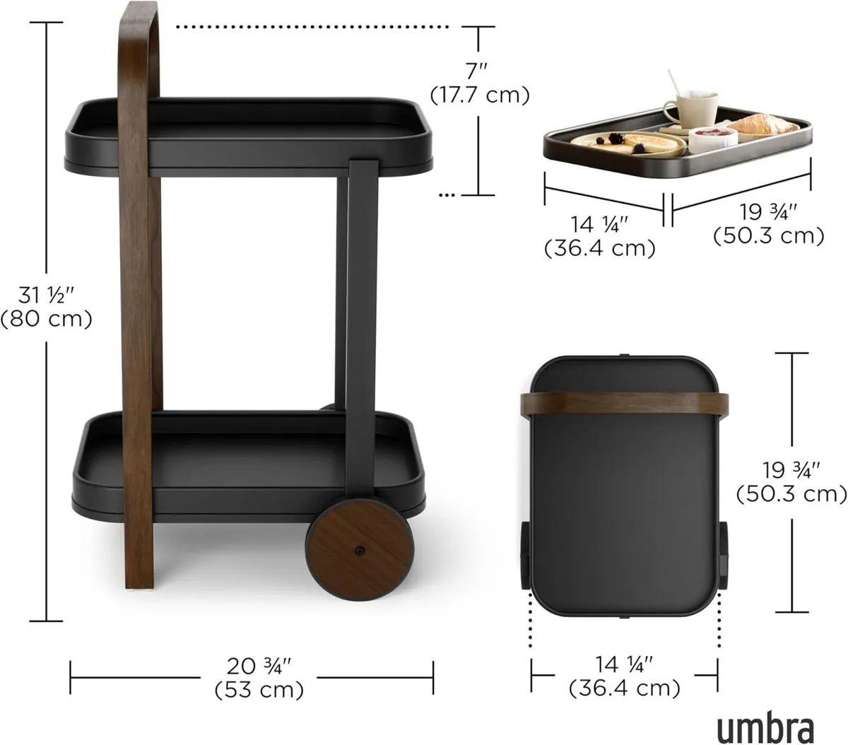 Bar Cart Rolling 2-Tier Storage Walnut - Image 3