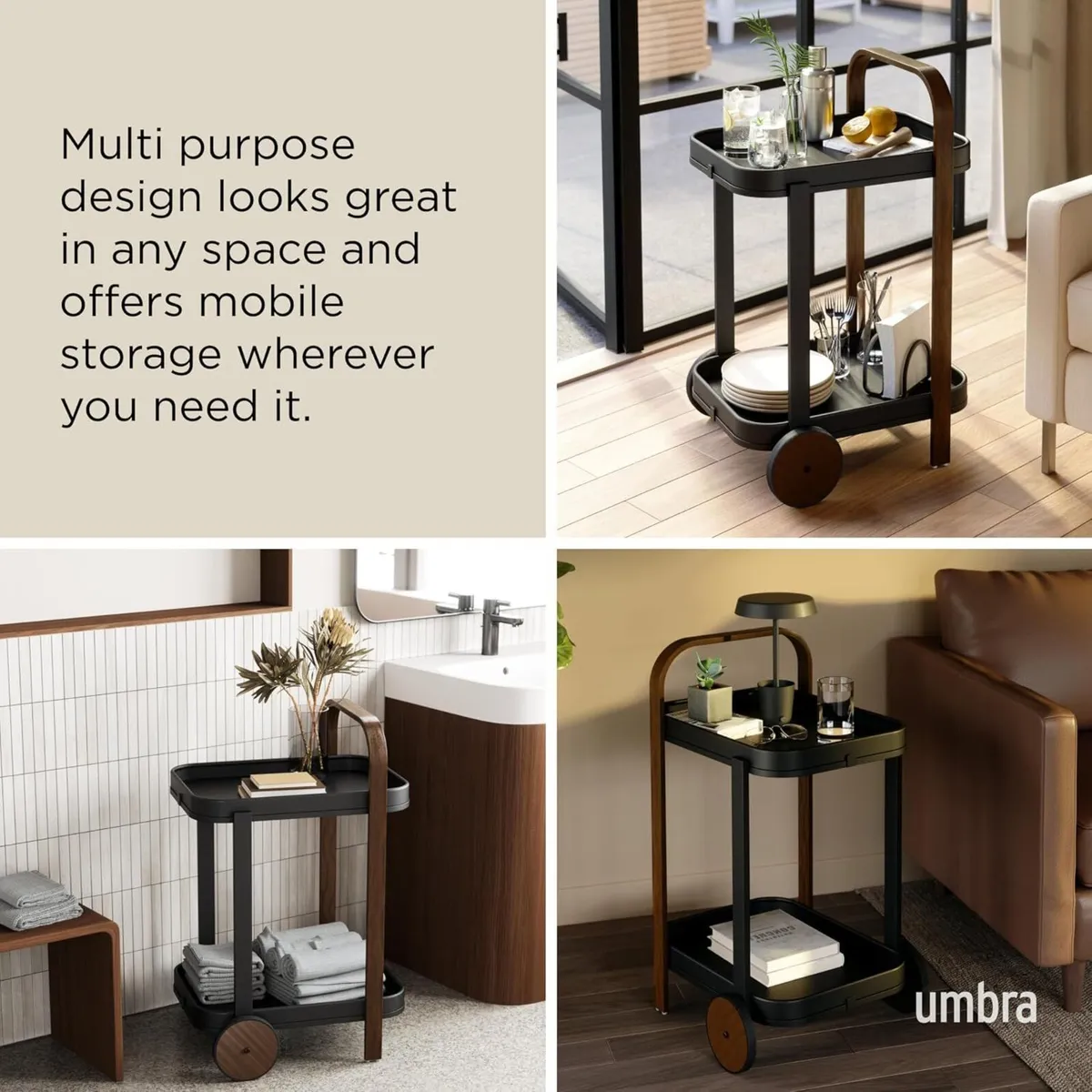 Bar Cart Rolling 2-Tier Storage Walnut - Image 4