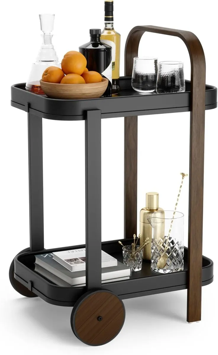 Bar Cart Rolling 2-Tier Storage Walnut - Image 1