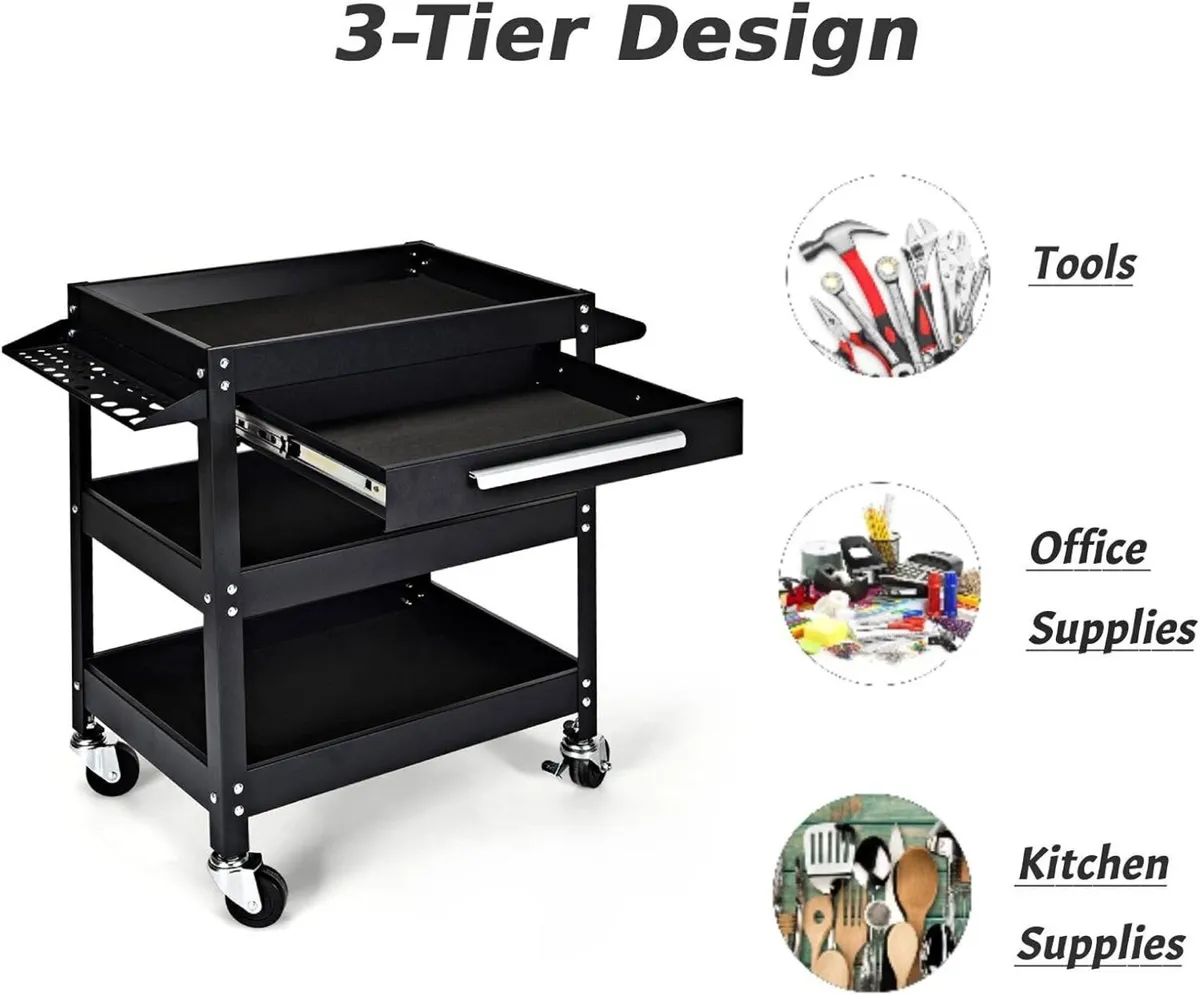 3-Tier Rolling Tool Cart Heavy-Duty Steel Service - Image 4