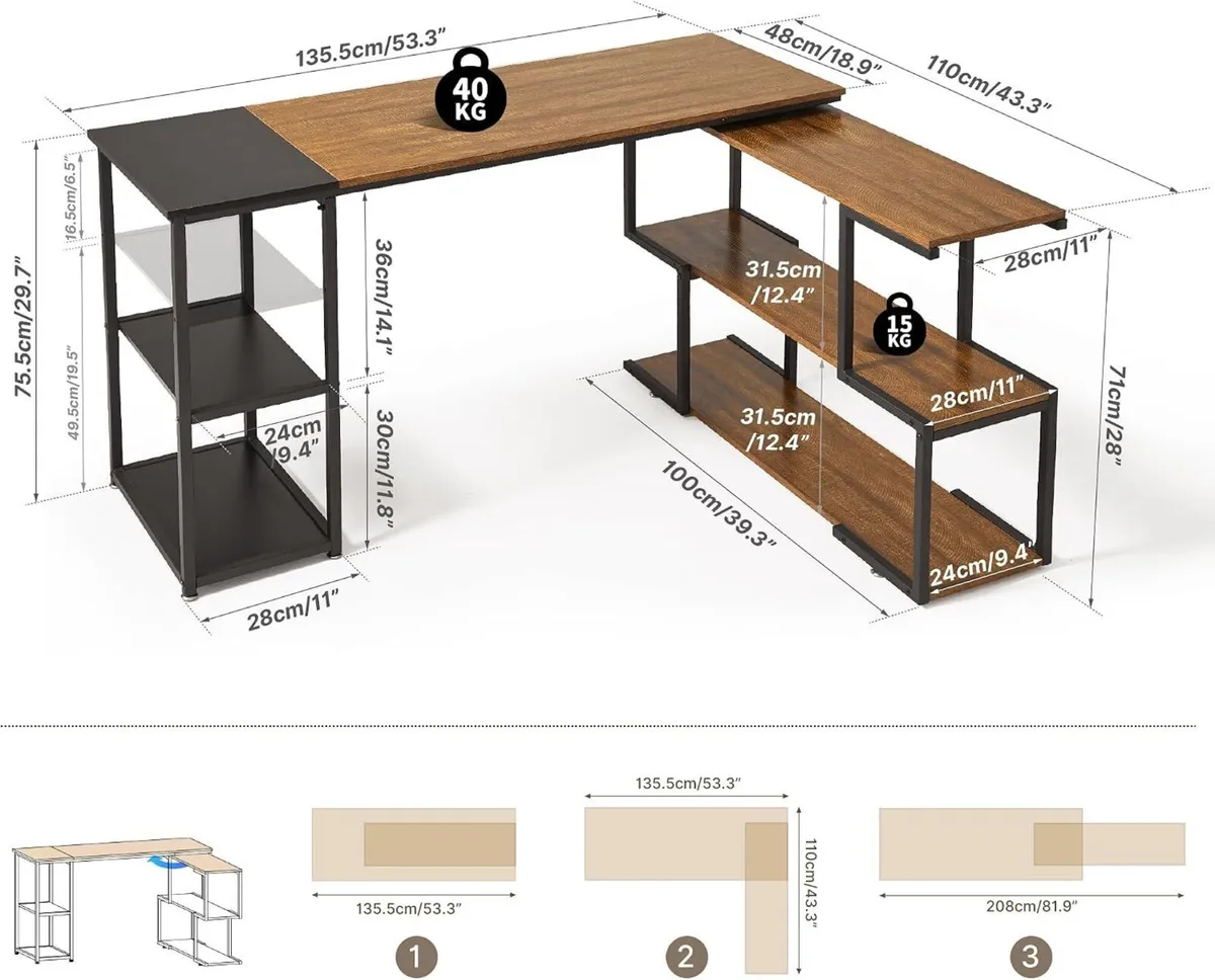 L Shaped Computer Desk Corner Rotating Shelves - Image 3