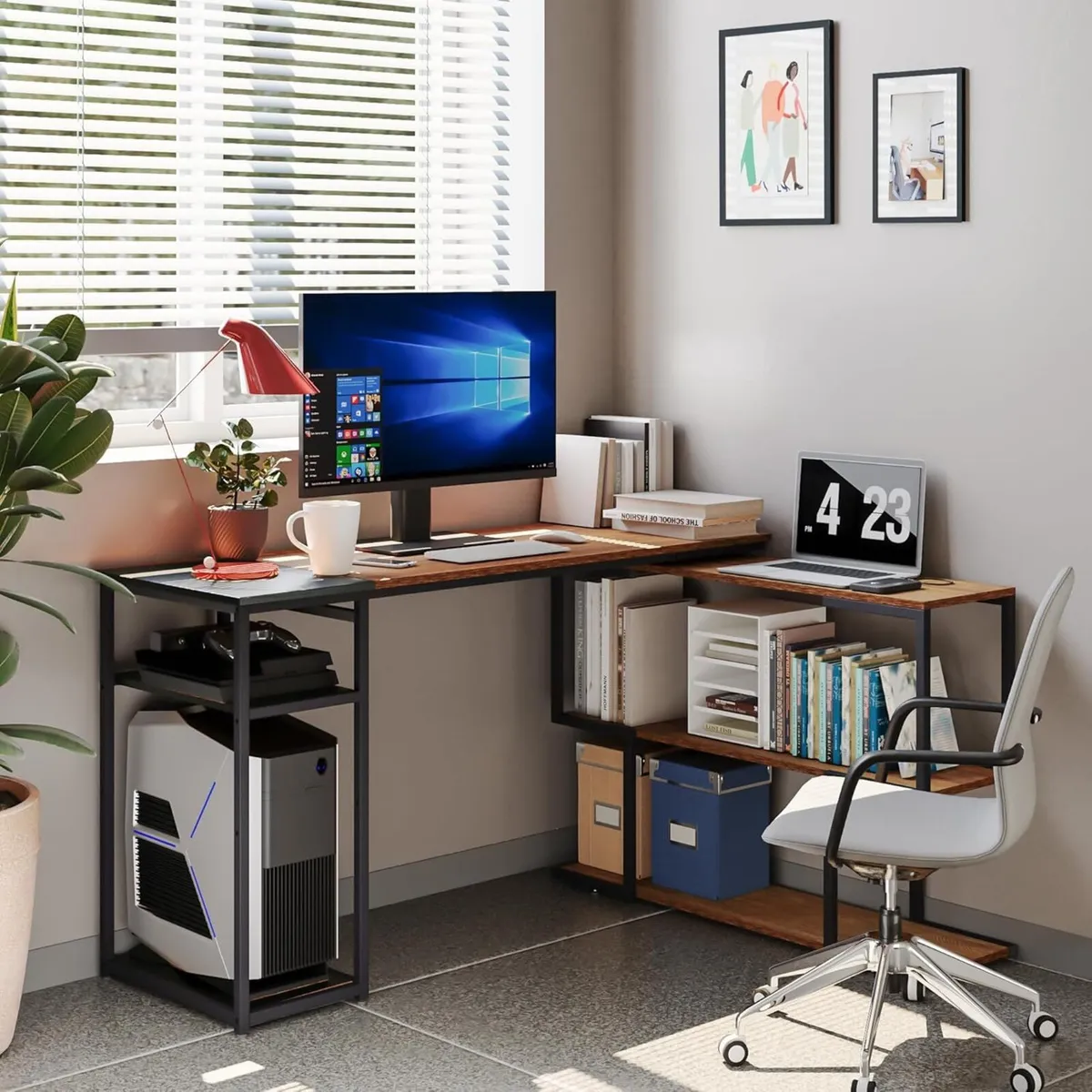 L Shaped Computer Desk Corner Rotating Shelves - Image 2