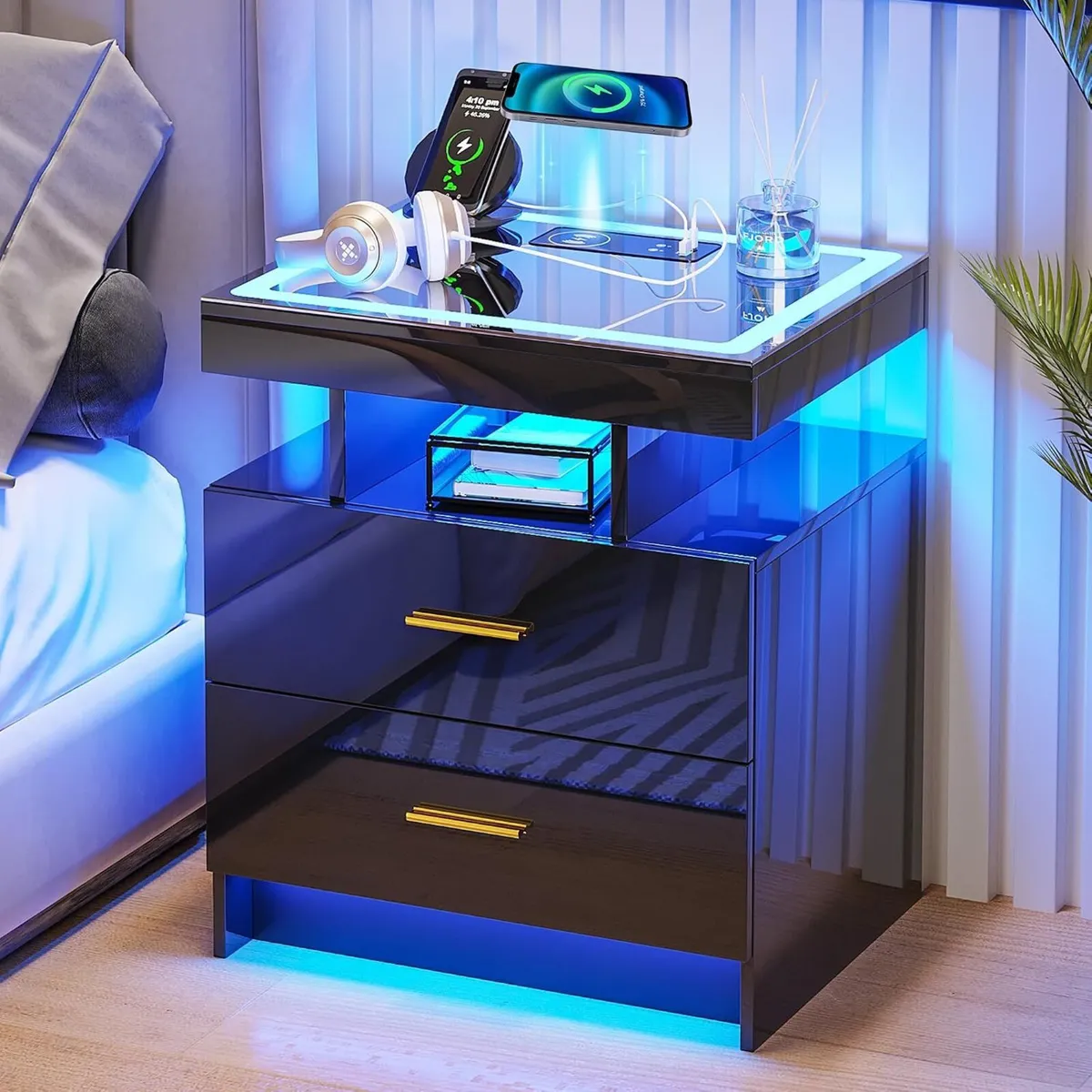 LED Bedside Table with Charging Station 2 Drawers - Image 1
