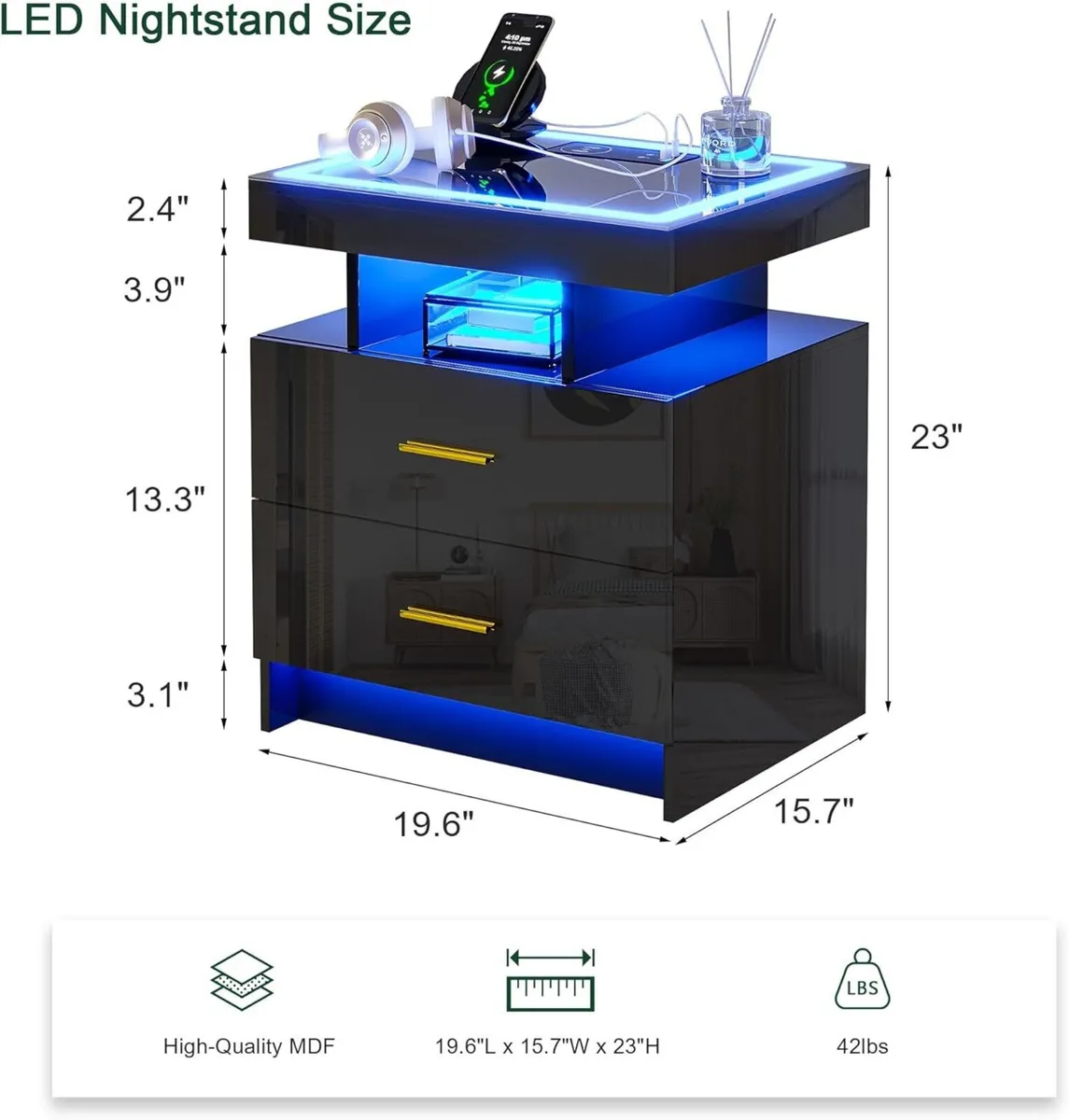 LED Bedside Table with Charging Station 2 Drawers - Image 2