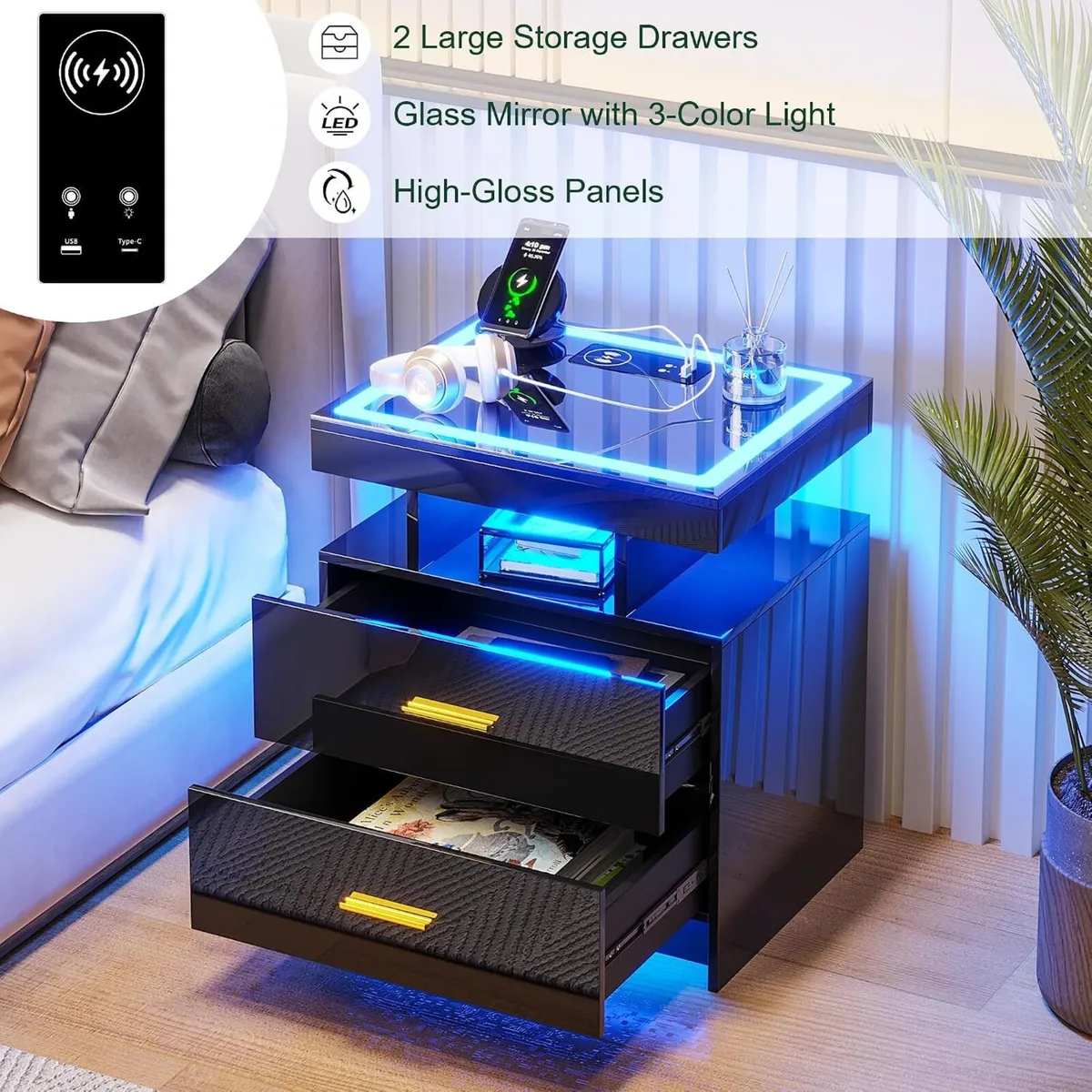 LED Bedside Table with Charging Station 2 Drawers - Image 3