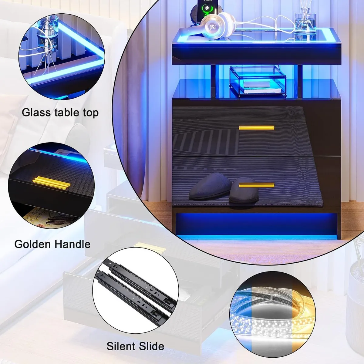 LED Bedside Table with Charging Station 2 Drawers - Image 4